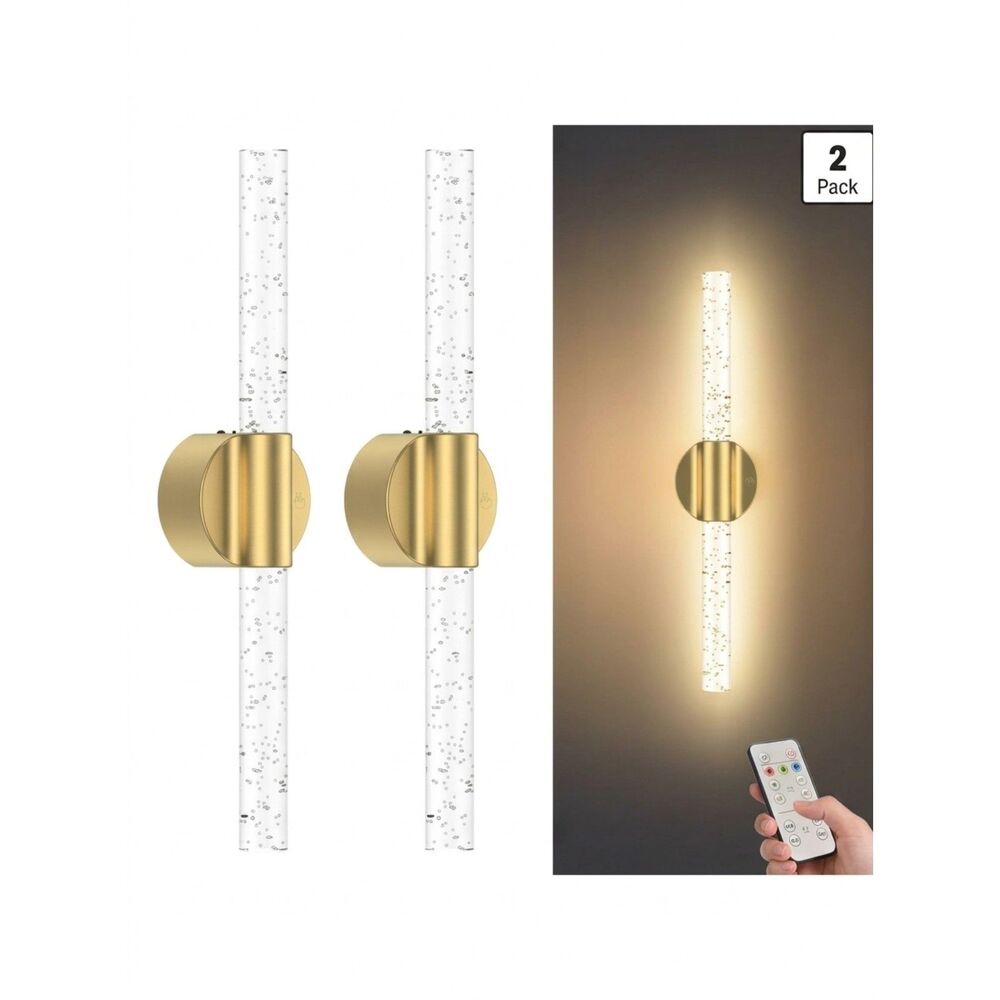 NEW 2 Wireless Wall Sconces LED Rechargeable No Drill 16" 2ct Gold